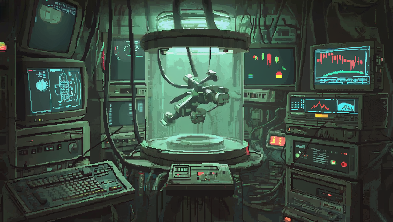 A machine specimen suspended in a laboratory scan chamber, surrounded by analysis screens