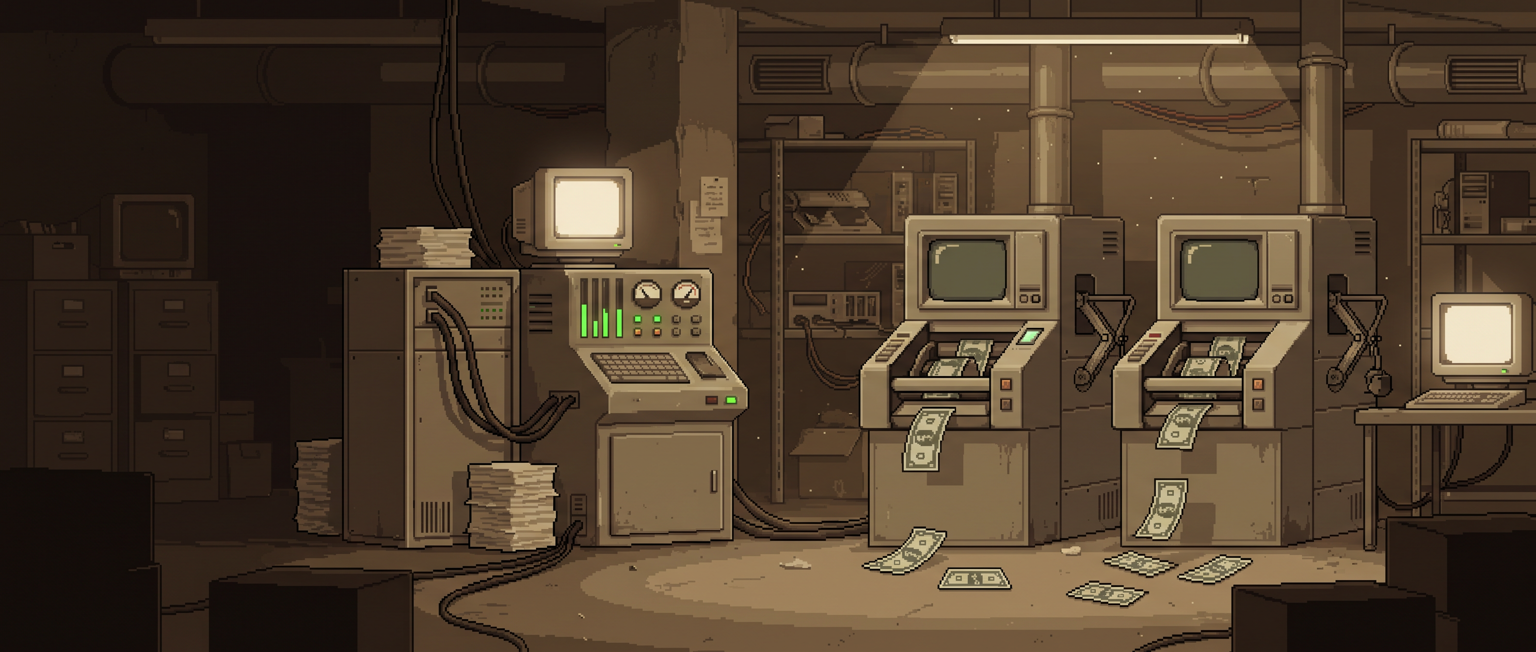 The mint chamber: a vertical minting apparatus with a lit green core inside a steel hall