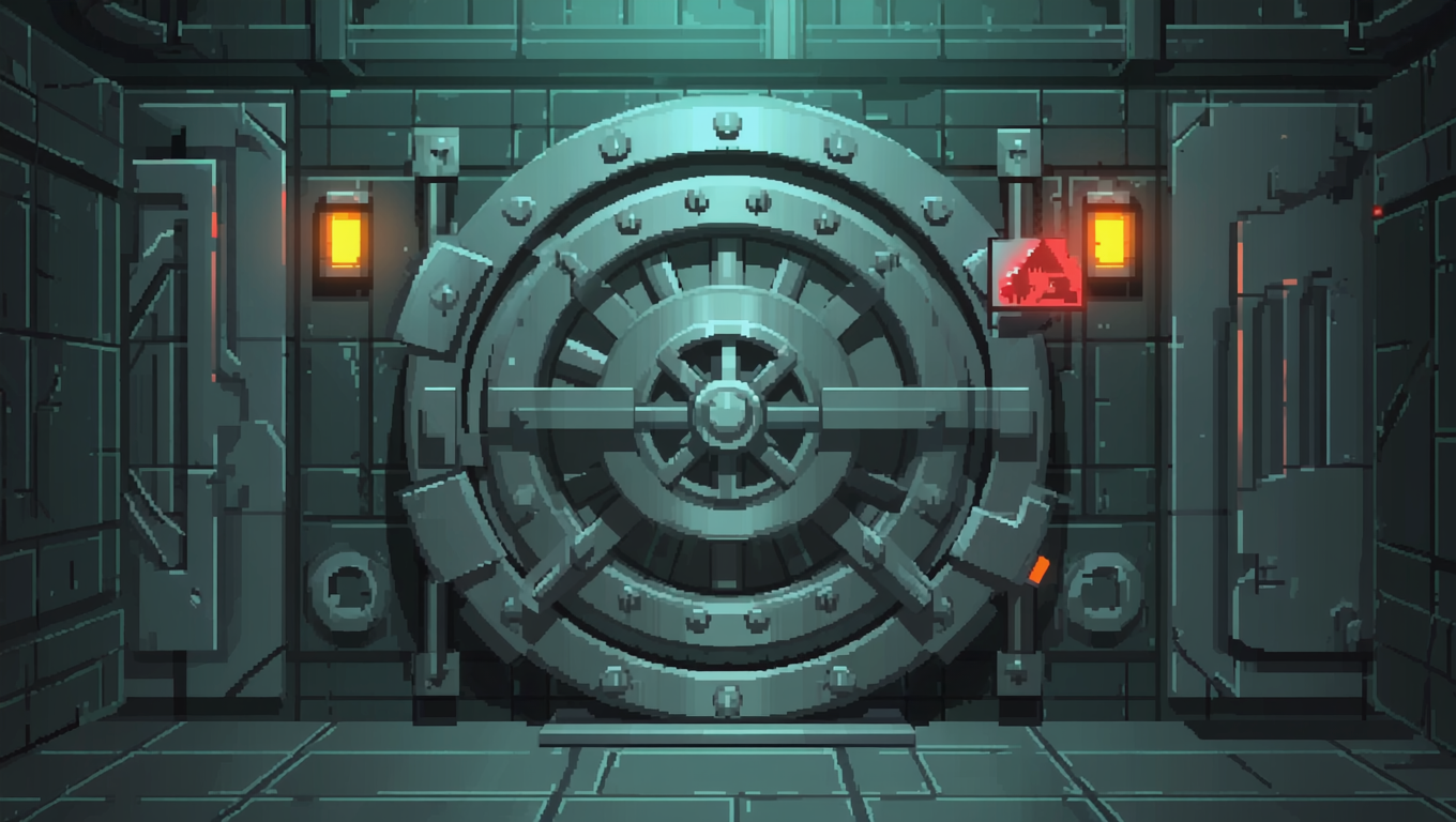 A sealed vault door in a dark industrial chamber