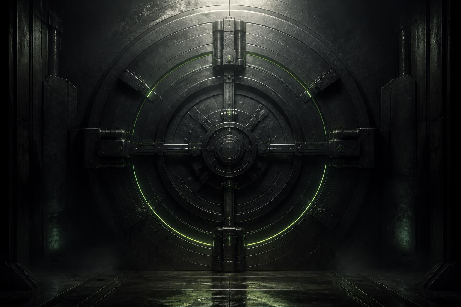 A massive blackened-steel vault door sealed inside a metal chamber